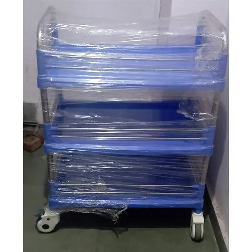 blue stainless steel instrument trolley with 3 ABS shelves