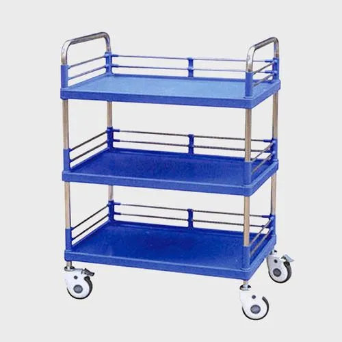 blue stainless steel instrument trolley with 3 ABS shelves