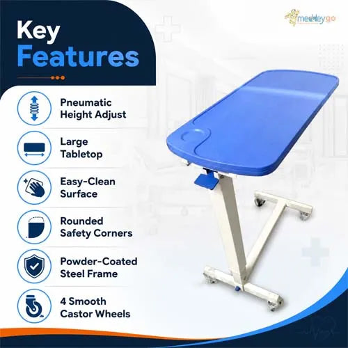 Pneumatic Over Bed Table with Height Adjustment, Blue Top & Castor Wheels