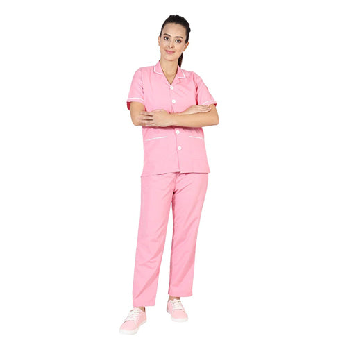Nurse Staff Uniform Set Open Collar Top Pink