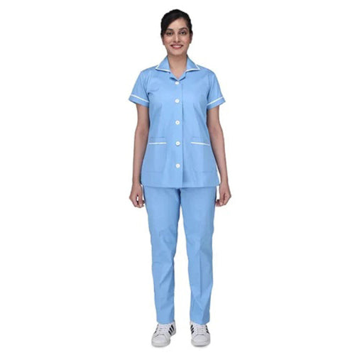 Nurse Staff Uniform Set Open Collar Top Blue