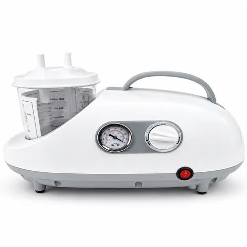 Portable suction machine with collection container, vacuum gauge and suction control